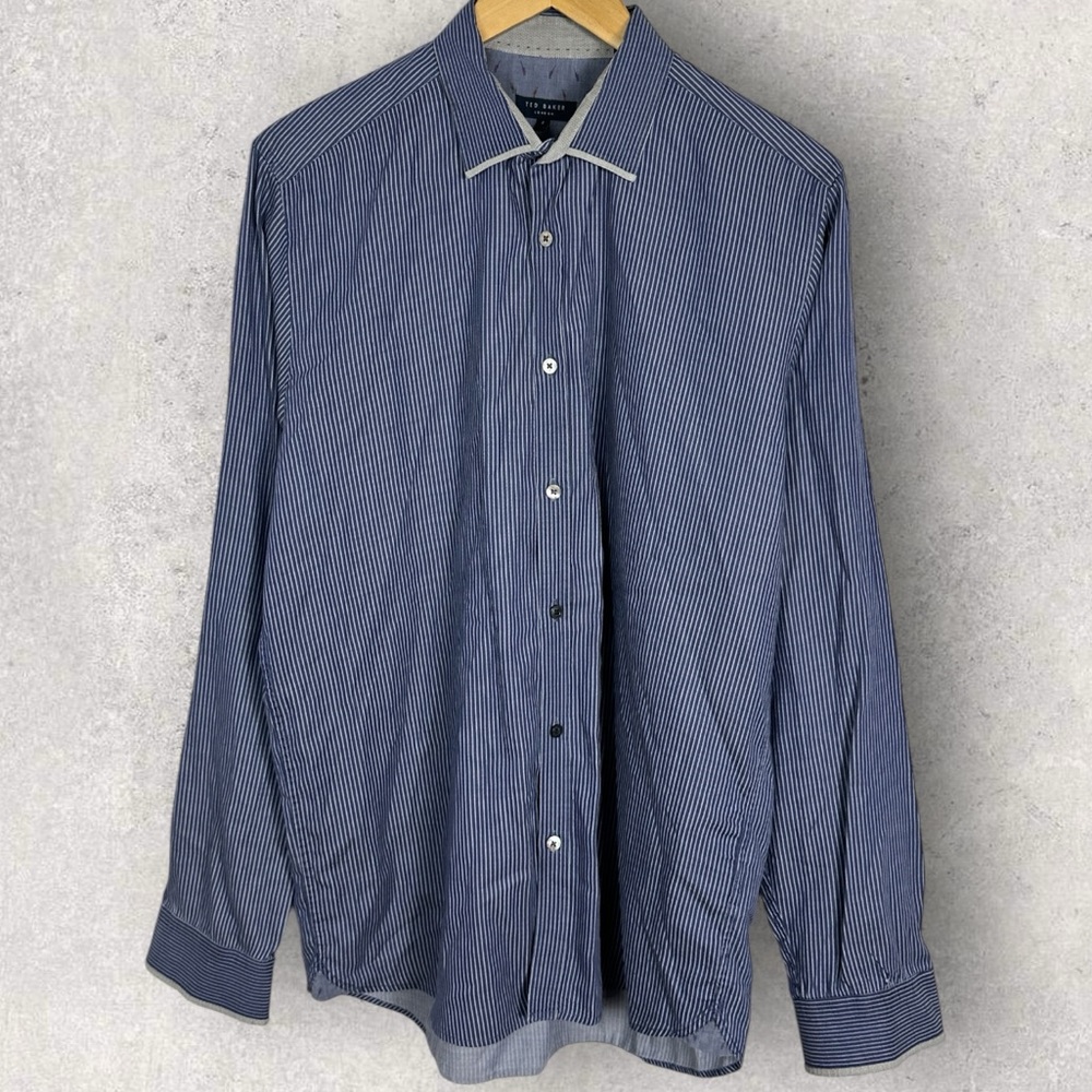 Ted Baker Long Blue Striped Long Sleeve Collared Dress Shirt Mens Size 5 or XL